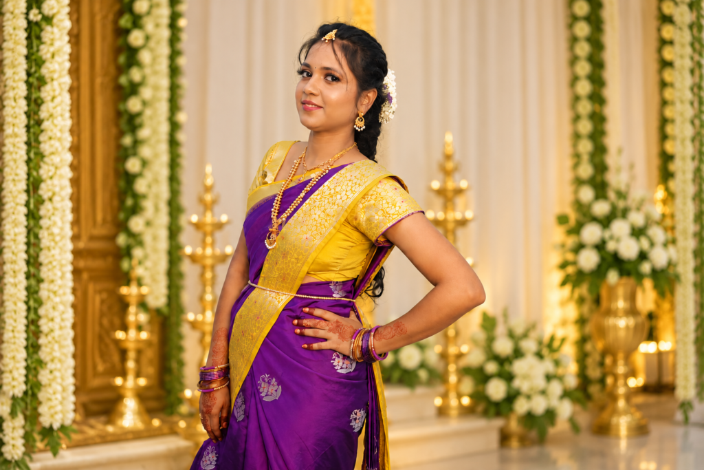 Traditional saree draping look for a special function